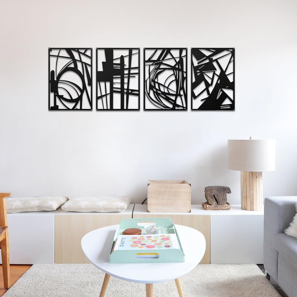 Abstract Black Metal Wall Art 4pc Modern Iron Panels
