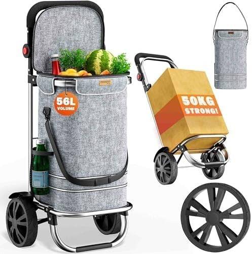 Foldable 3-in-1 Grey Shopping Trolley with Cooler Bag – 56L, 50kg Load