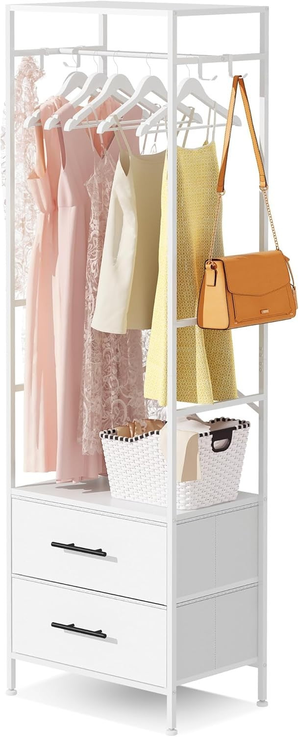 Open Wardrobe Clothes Rail 2 Drawers with Hooks White