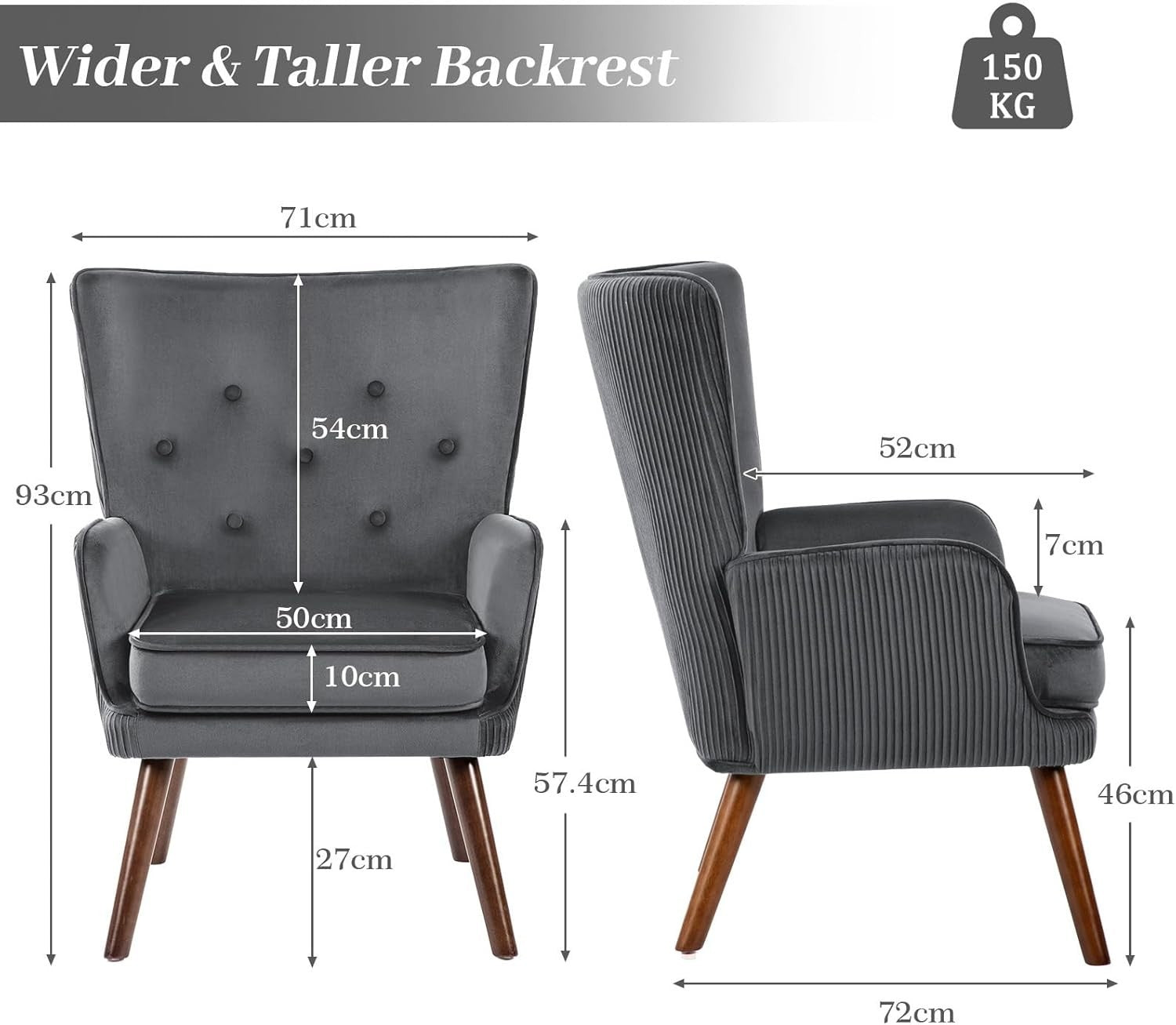 Velvet Wingback Armchair Grey Tufted Accent Chair High Back Reading