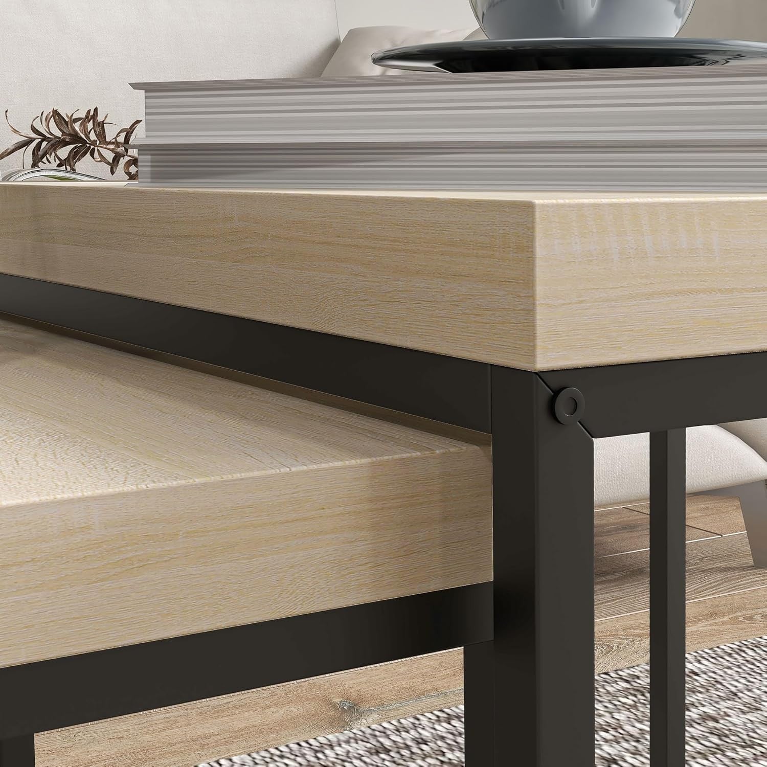 Oak Nesting Coffee Table Set Modern Square End Side Accent Tables Steel Frame
