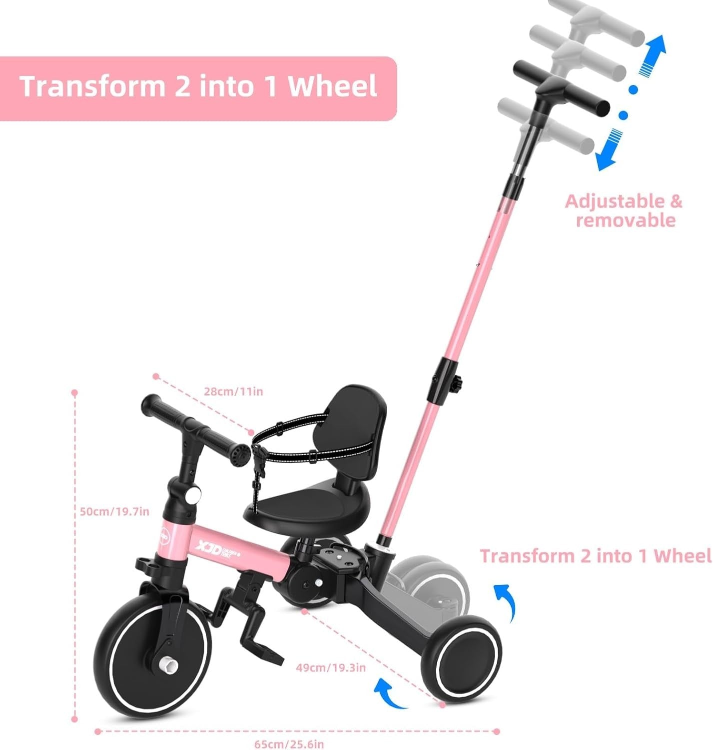 6 in 1 Foldable Toddler Tricycle Push Bike Adjustable Handle Pink 1-4Y