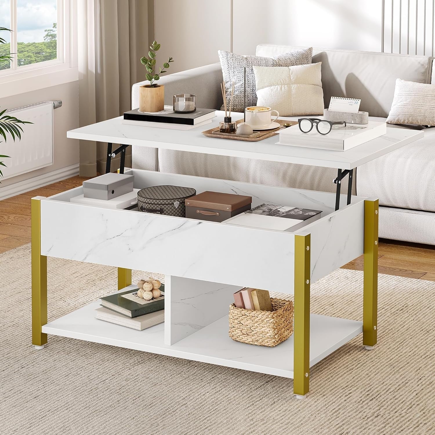 4in1 Lift Top Coffee Table with Storage Drawers, Convertible Dining Table, White