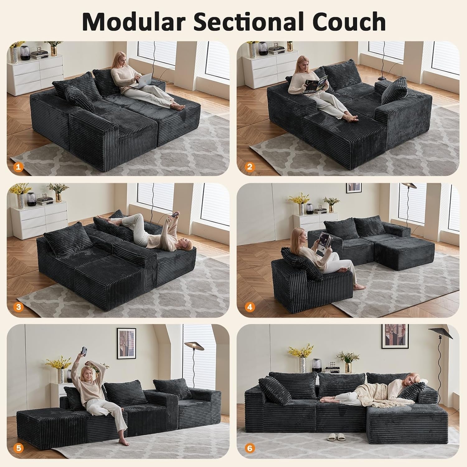 Modular 3/4 Seater Sofa Grey Corner Couch No Assembly, Memory Foam, 274cm