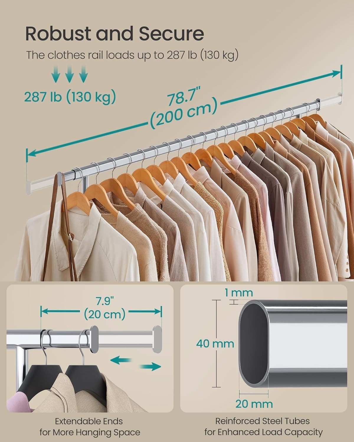 Extendable Clothes Rack 100KG Heavy Duty Silver (160–200cm)