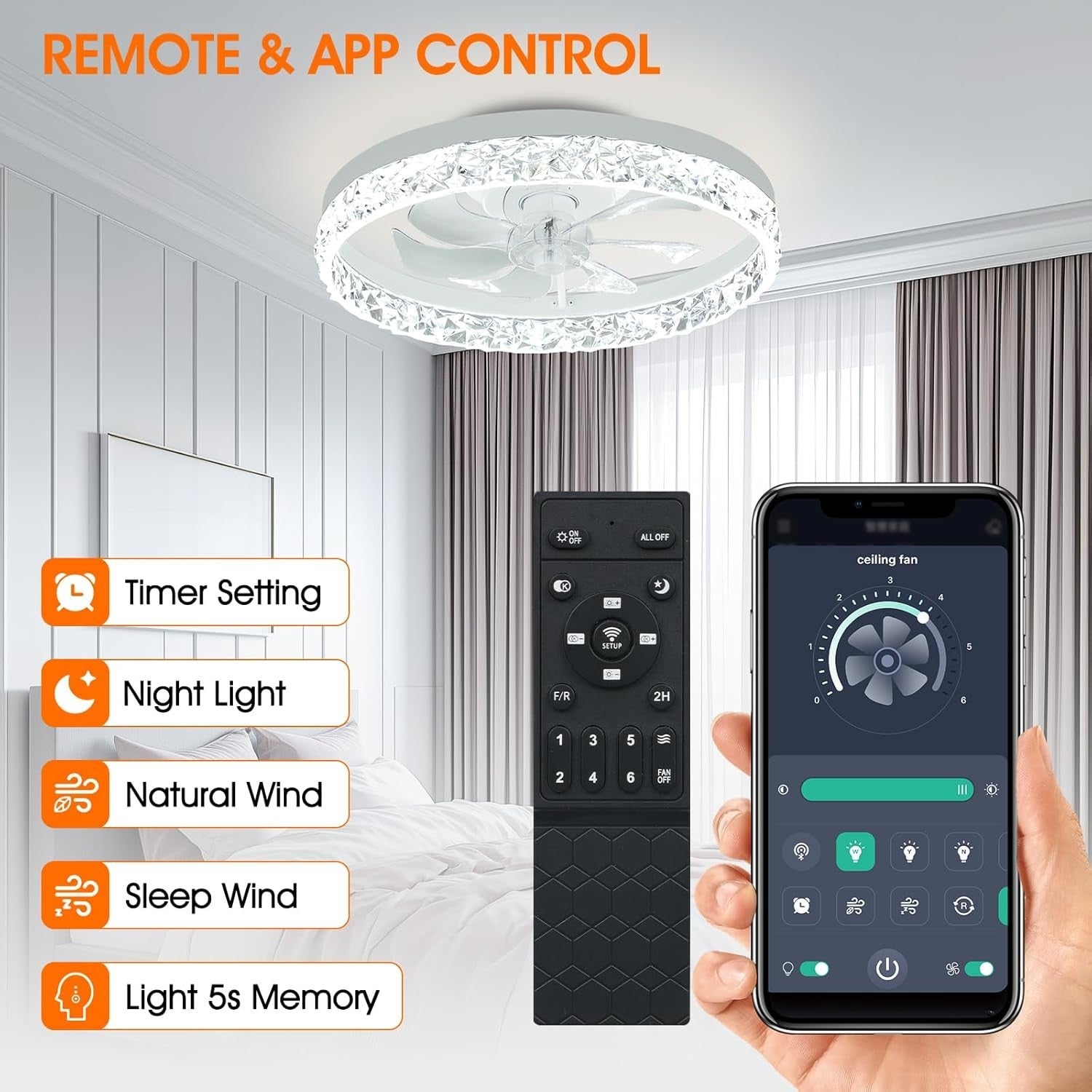 20'' Ceiling Fan Light, Remote & App Control, 6 Speeds, Dimmable, CCT Change