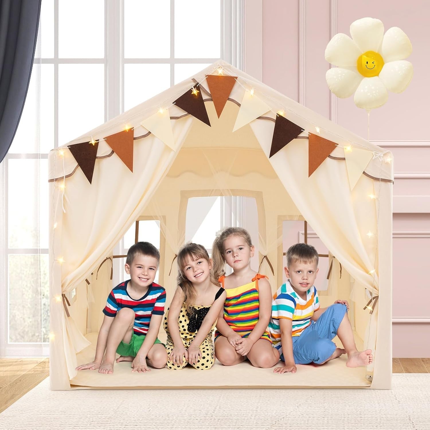Kids Play Tent Castle Indoor w/ Star Lights Mat Windows Girls Boys Gift