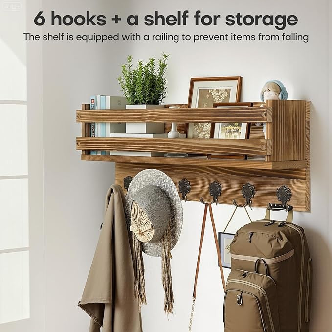 Rustic Wall Mounted Coat Rack 58cm | Wooden Shelf with 6 Metal Hooks for Coats