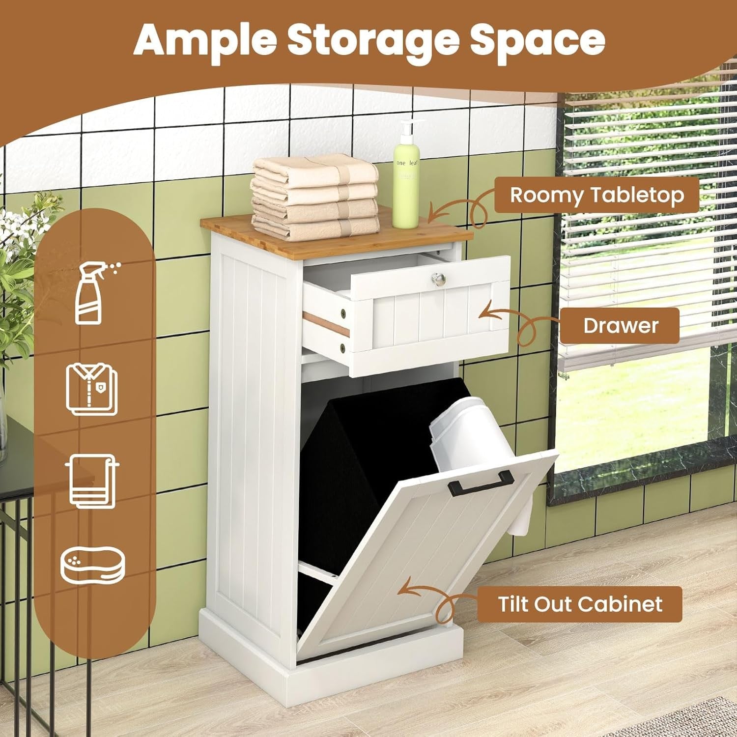 Tilt-Out Laundry Cabinet 30L With Drawer Modern Bathroom Storage White
