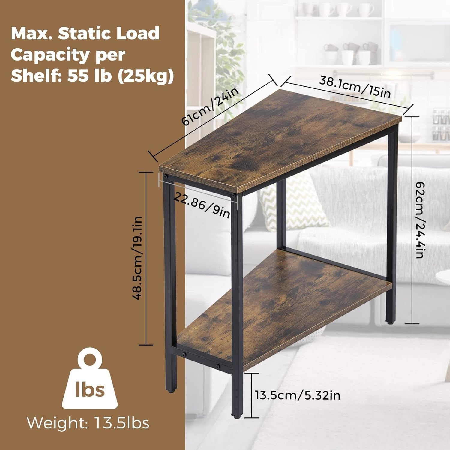 Triangle Corner End Table with Shelf – Slim Tall Side Table for Small Spaces