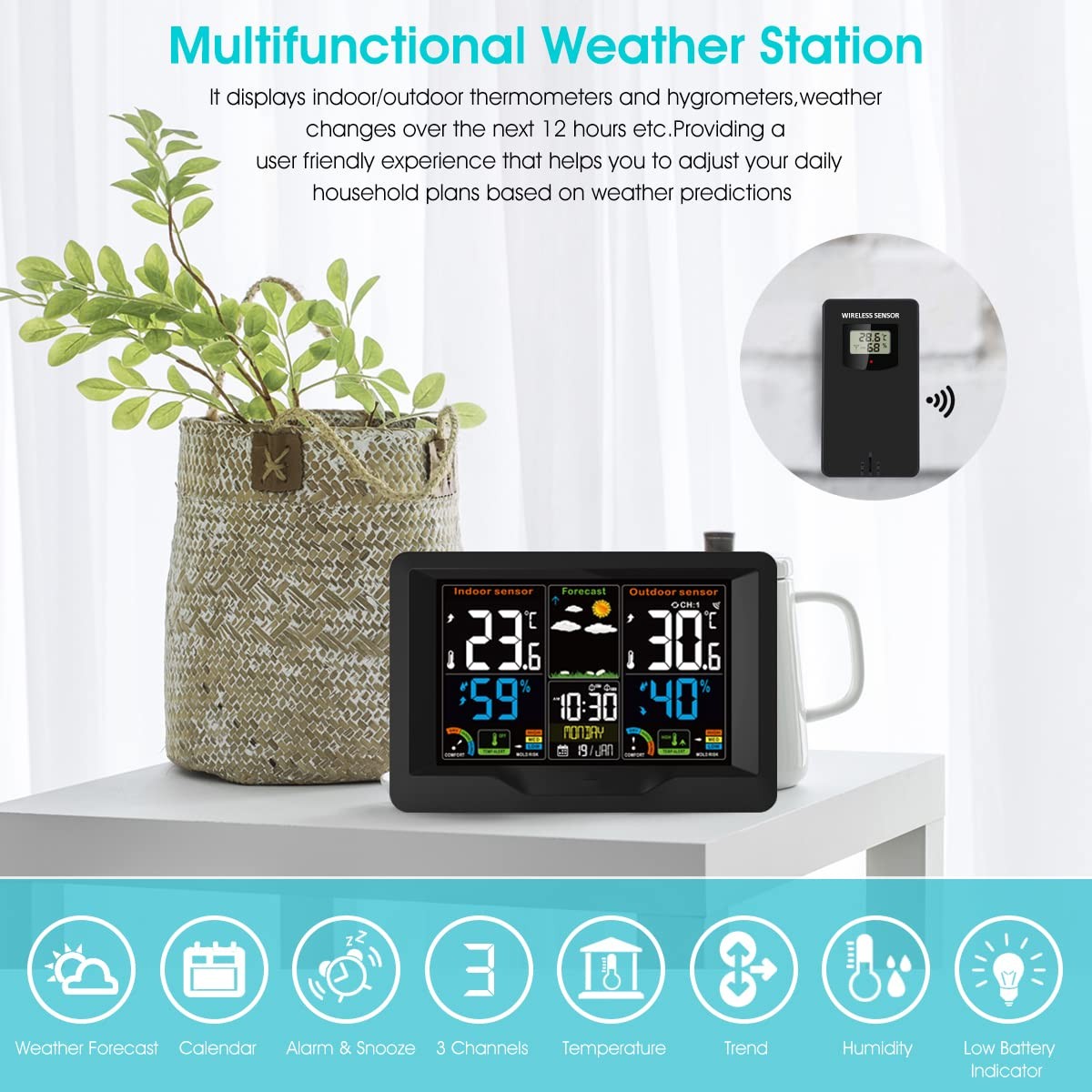 Black Wireless Weather Station Outdoor Sensor LCD Forecast Temp Humidity