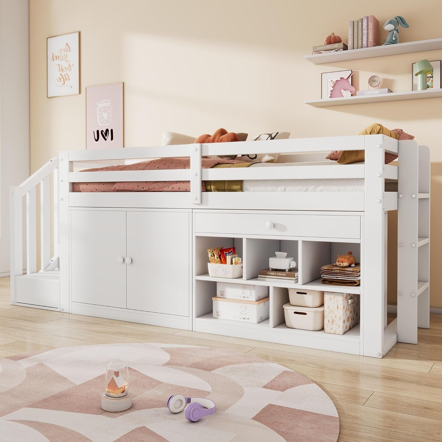White Kids Cabin Bed with Storage Drawers, Desk & Steps 90x190cm