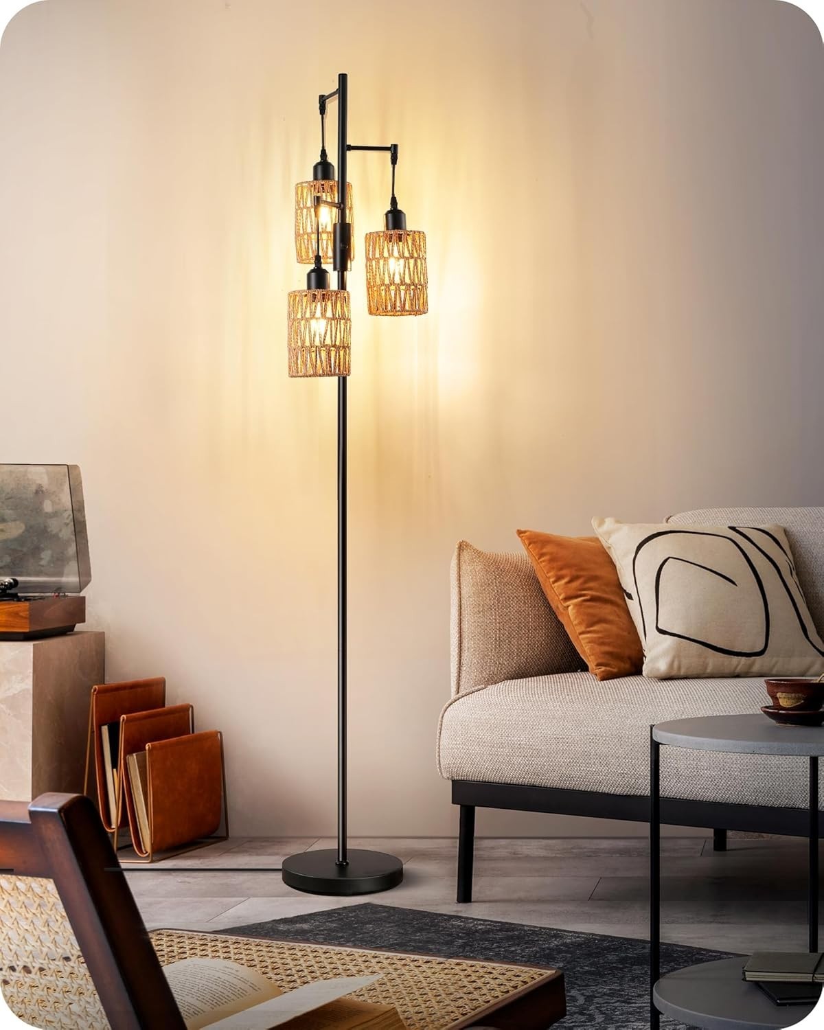 Dimmable Boho Floor Lamp with 3 LED Bulbs & Rope Cage Shades