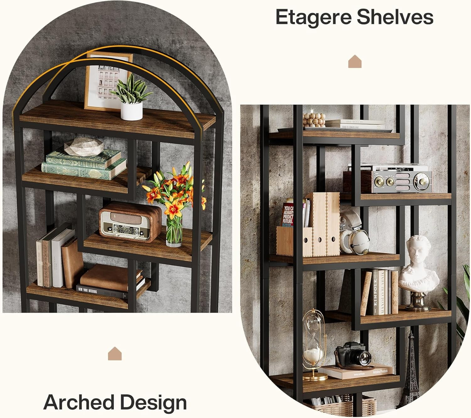 180cm Tall Arch Bookshelf | 7-Tier Rustic Industrial Wood & Metal Display Shelf