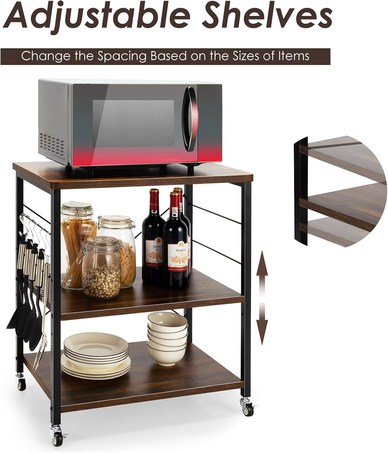 Kitchen Bakers Rack Rolling Cart Microwave Stand 3 Tier Shelves