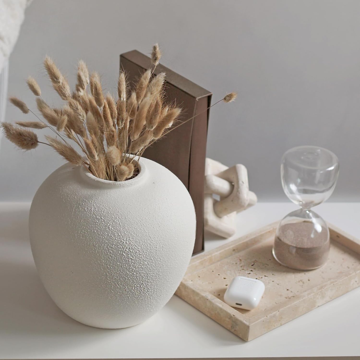 White Ceramic Flower Vase 20cm Round Minimalist Leak-Proof Home Décor