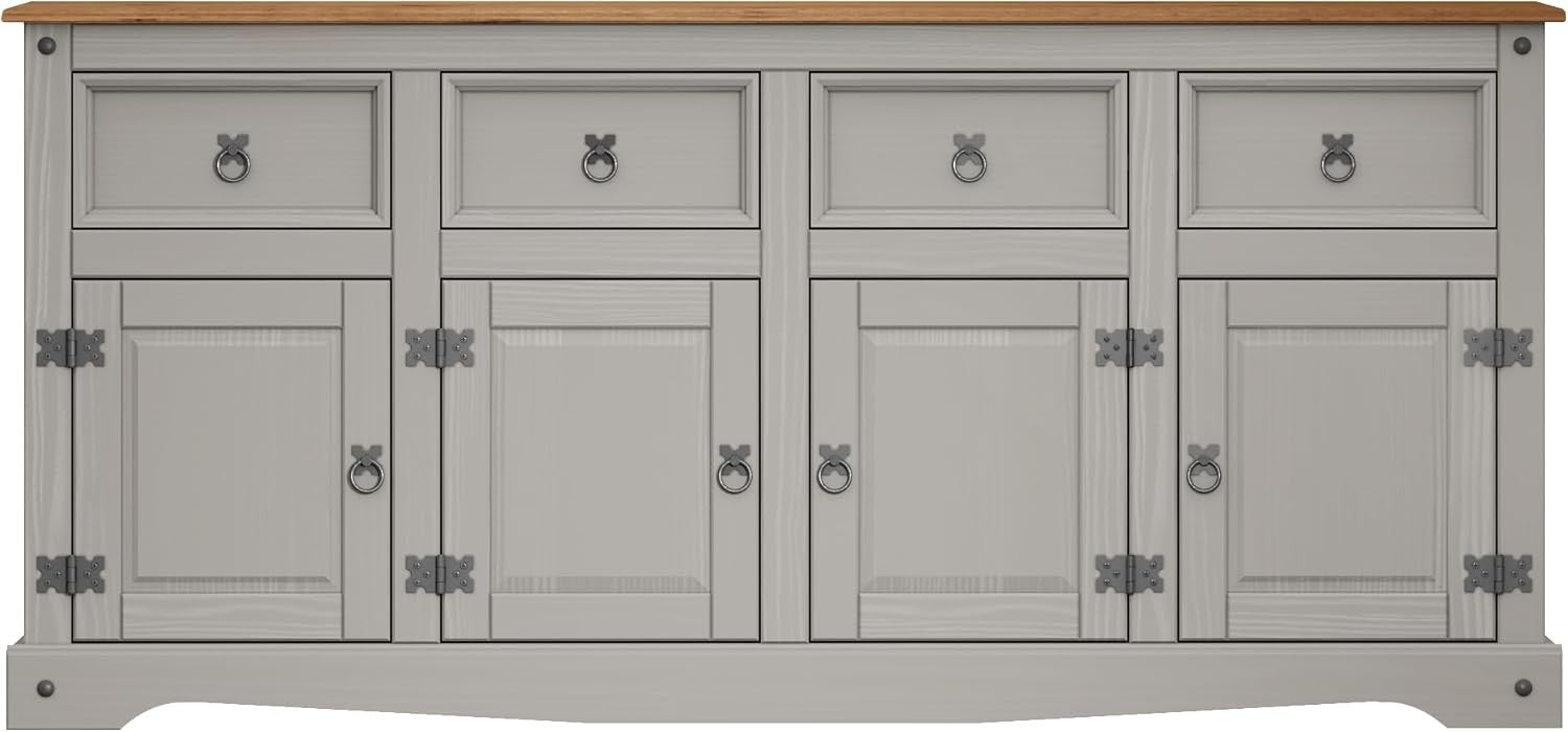 Shabby Chic Grey Pine Sideboard 4 Door 4 Drawer Storage Cabinet Crockery Unit