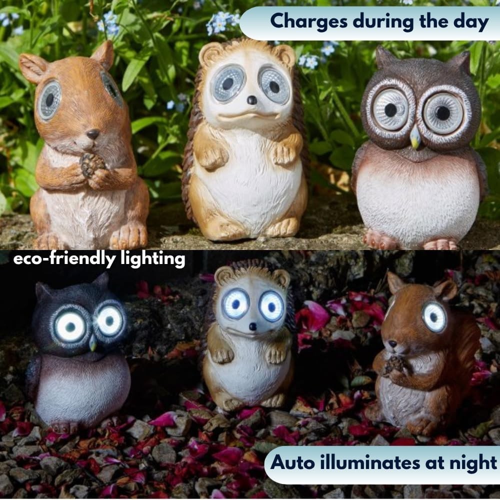 Solar Garden Animal Lights 3-Pack • Owl Hedgehog Squirrel • Outdoor