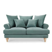 Teal Velvet 2 Seater Sofa Scatter Cushions Deep Seat Scroll Arms Wood Legs