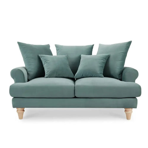 Teal Velvet 2 Seater Sofa Scatter Cushions Deep Seat Scroll Arms Wood Legs