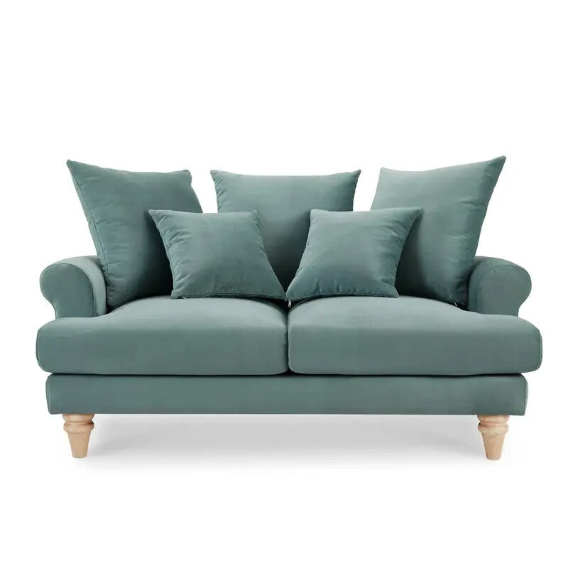 Teal Velvet 2 Seater Sofa Scatter Cushions Deep Seat Scroll Arms Wood Legs