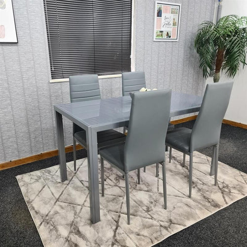 Grey Glass Dining Table Set with 4 Leather Chairs Modern Kitchen Furniture