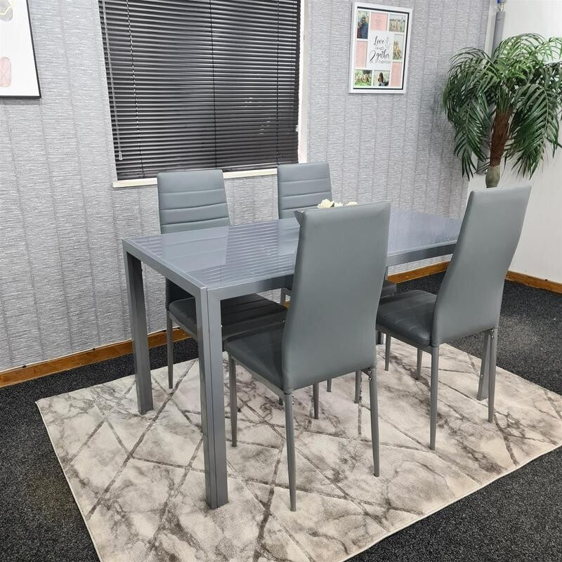 Grey Glass Dining Table Set with 4 Leather Chairs Modern Kitchen Furniture