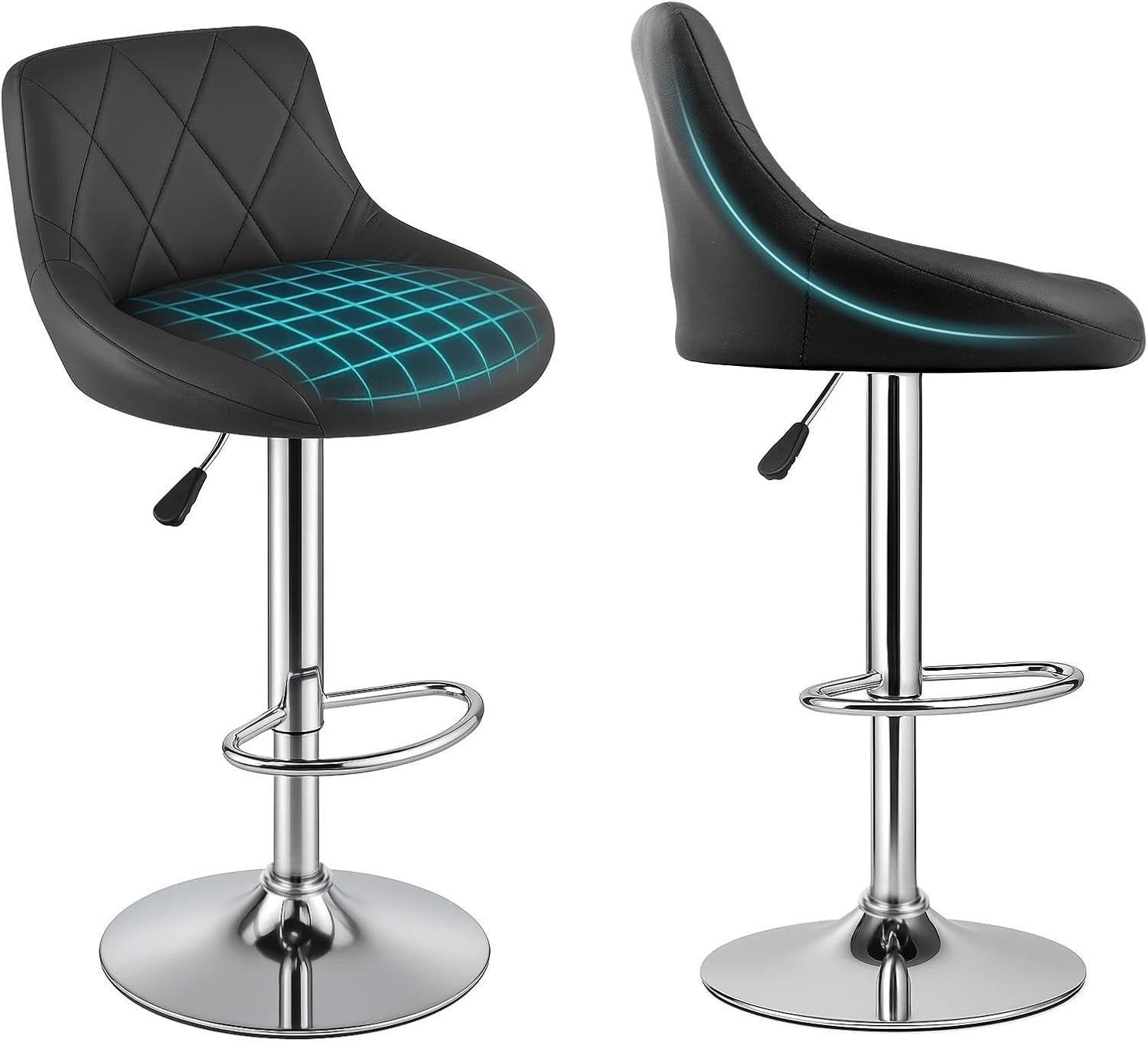 3 Black Bar Stools Faux Leather Swivel Height Adjustable Kitchen Chairs