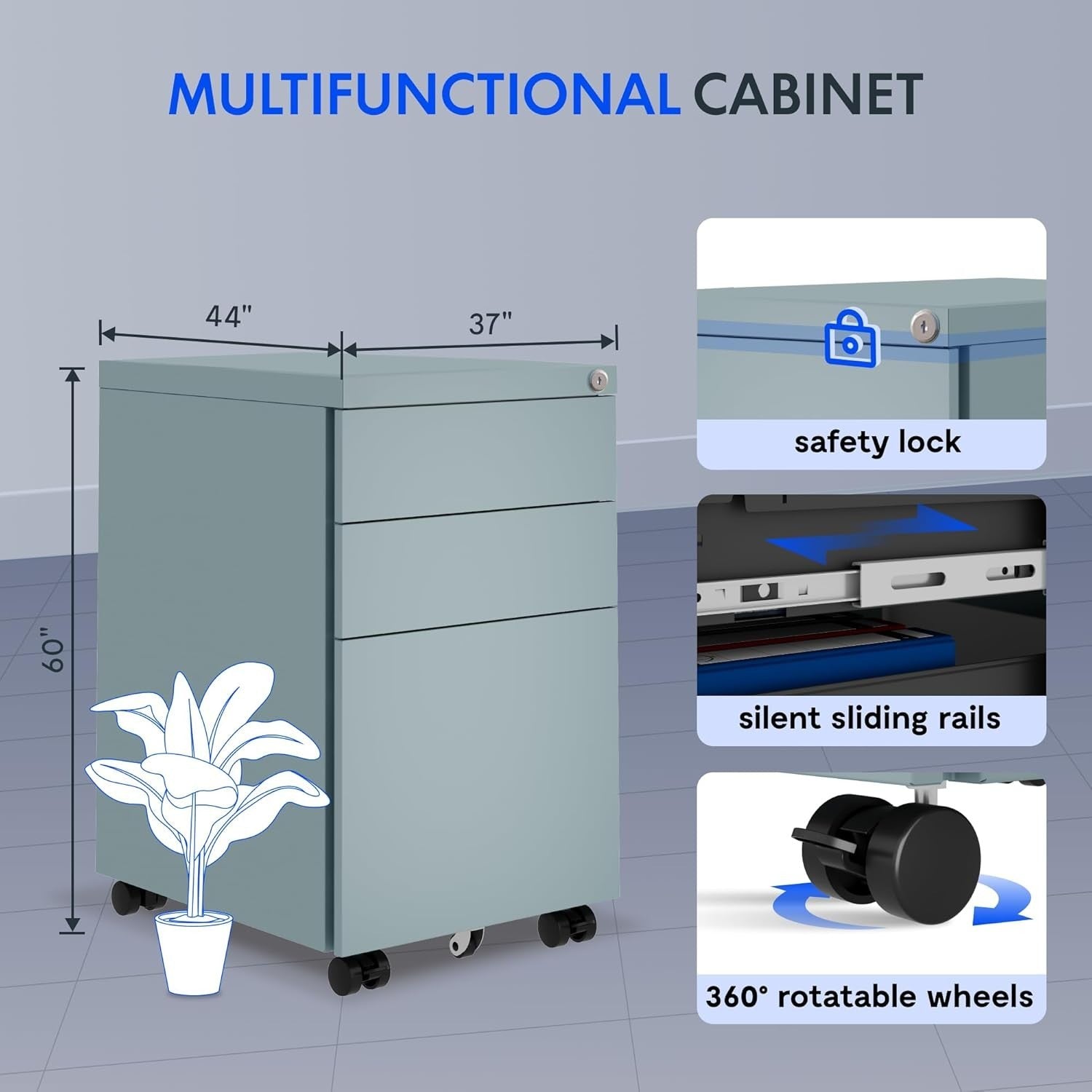 Grey Blue Mobile Filing Cabinet 3 Drawer Lockable Under Desk