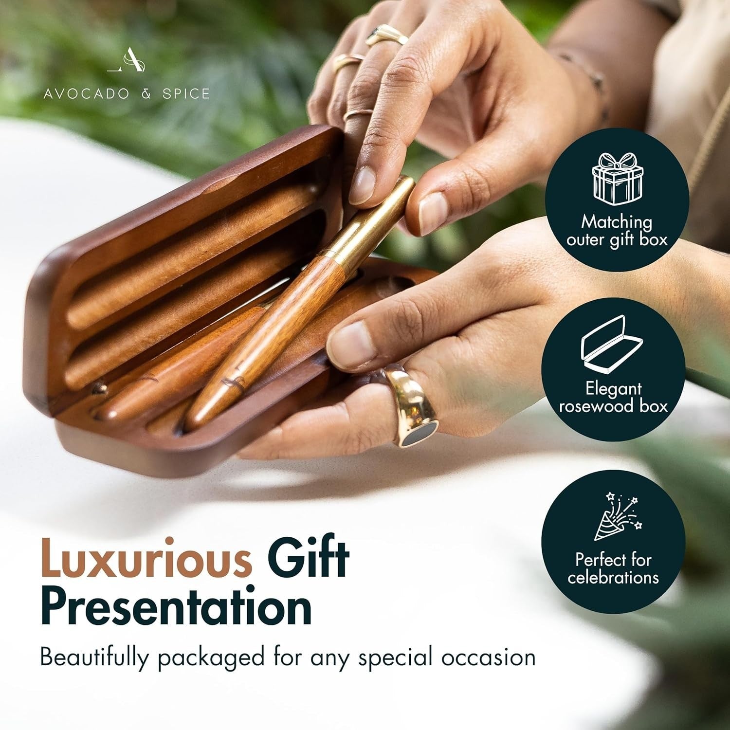 Luxury Fountain & Rollerball Pen Set Brass Sandalwood Gift Box