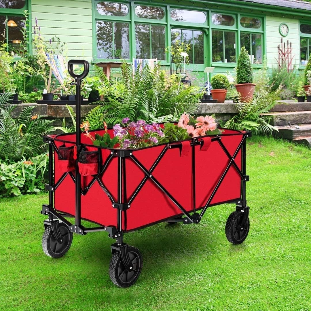 Red Foldable Wagon Cart Collapsible Garden Trailer w/ Adjustable Handle