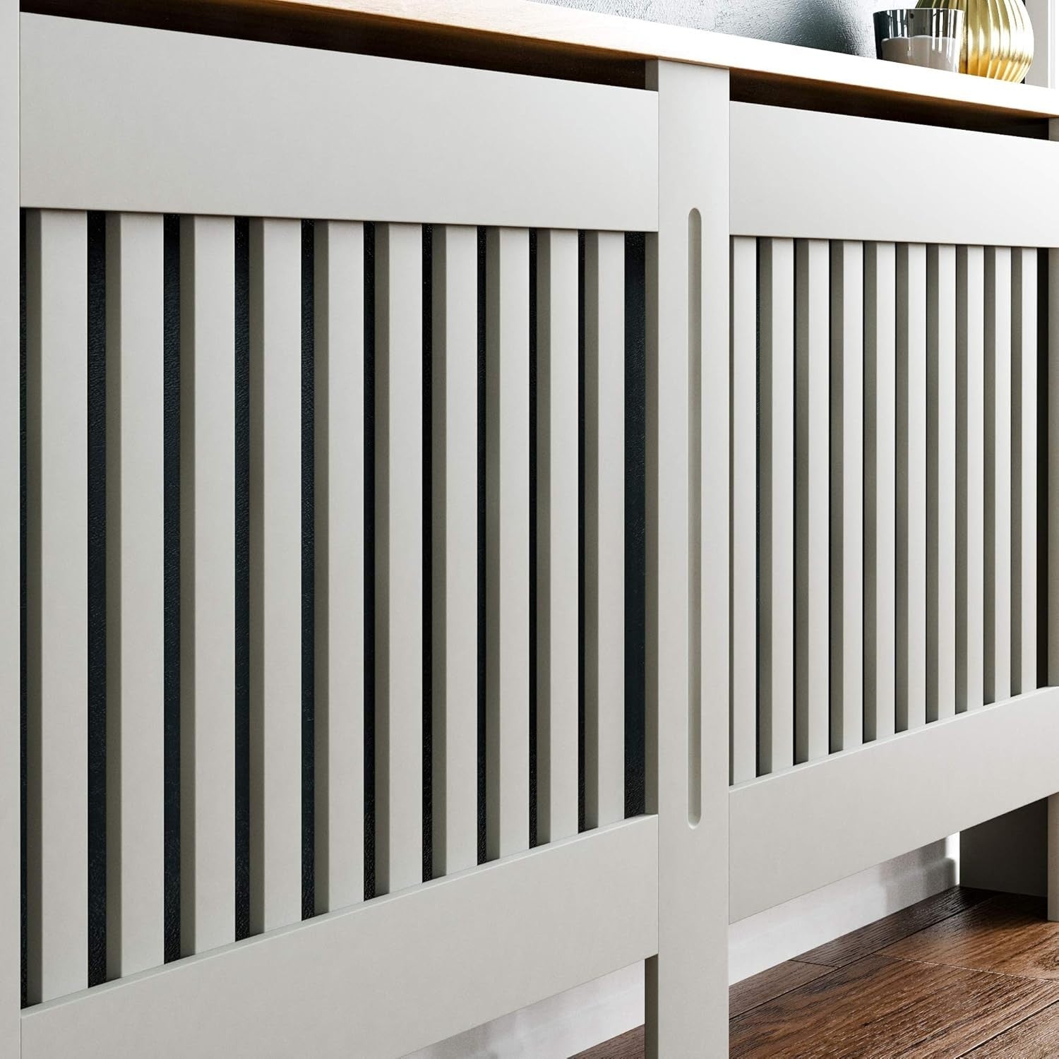 Extra Large Olive Grey Radiator Cover Cabinet MDF Slatted With Wooden Shelf