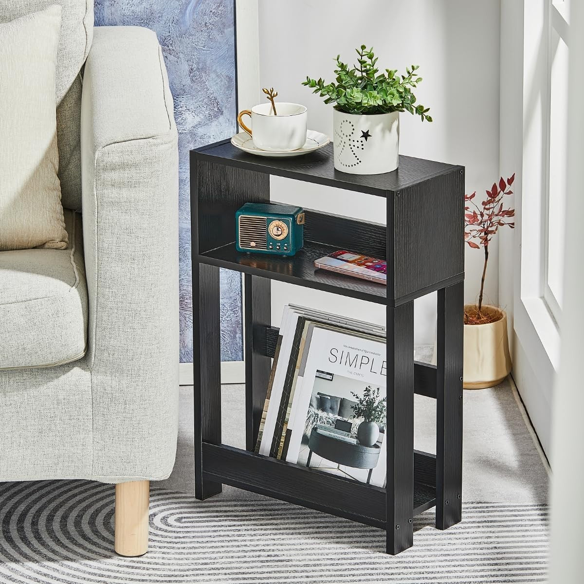 Black Slim Side Table with Shelves | 3-Tier Narrow Bedside & Sofa Table