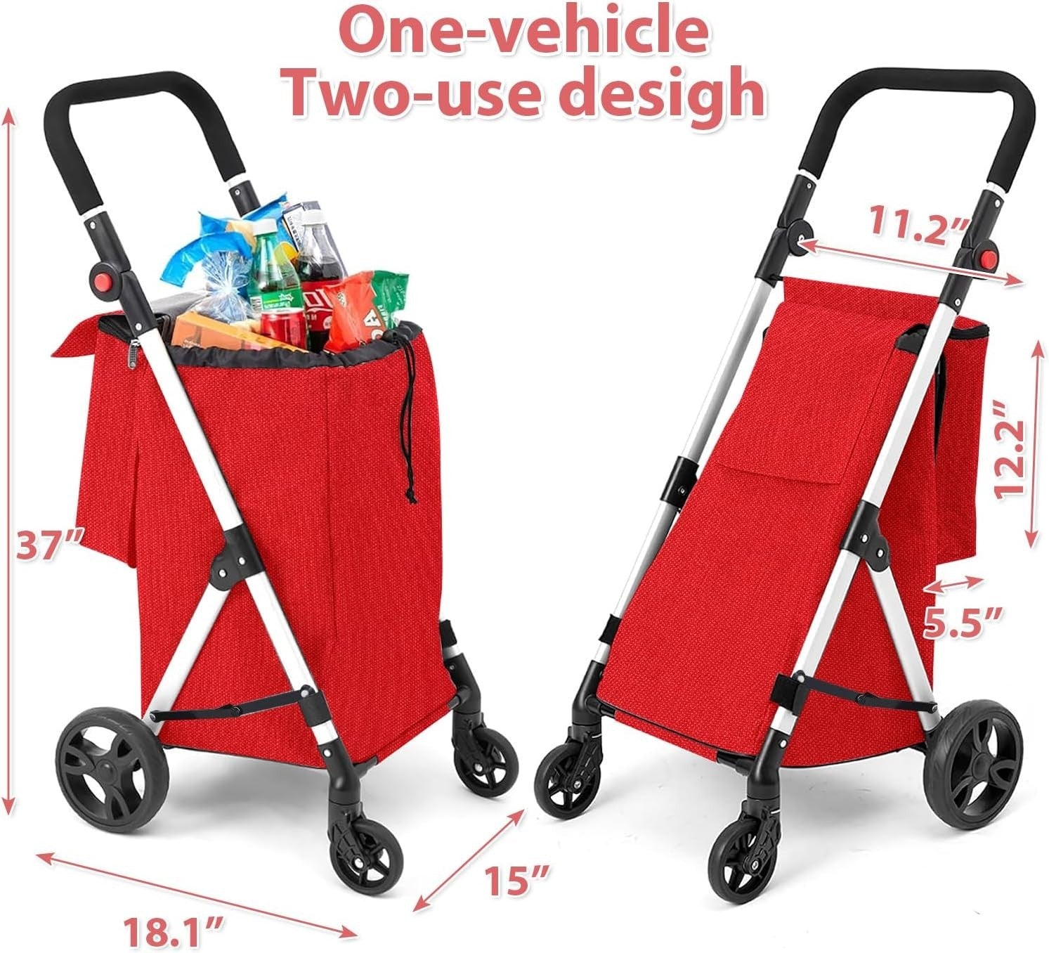 4 Wheel Grocery Shopping Trolley 46L | Foldable Aluminium Cart | Red