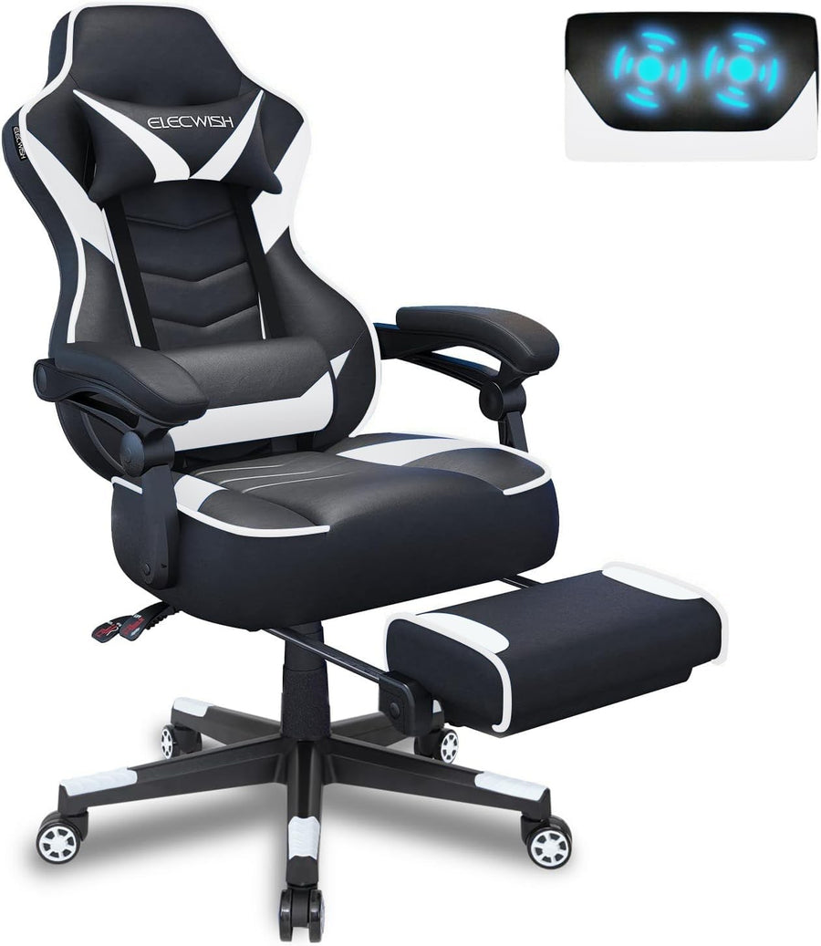 Gaming Chair w/ Footrest Reclining PU Leather White