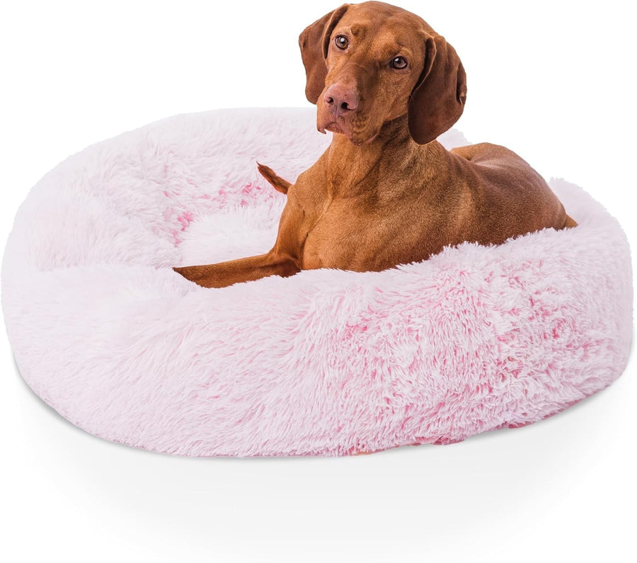 Large Donut Dog Bed 80cm Calming Plush Washable Pink