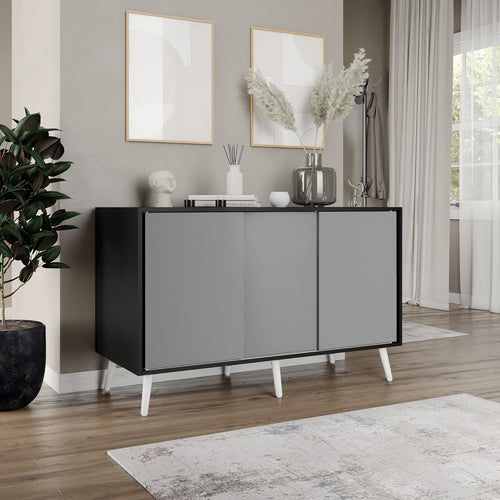 Black Grey 3 Door Sideboard Cabinet Storage Unit with Sliding Doors Modern