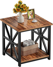 Walnut 2-Tier Square Side Table 60x60x60 cm | Large End Table w/ Storage