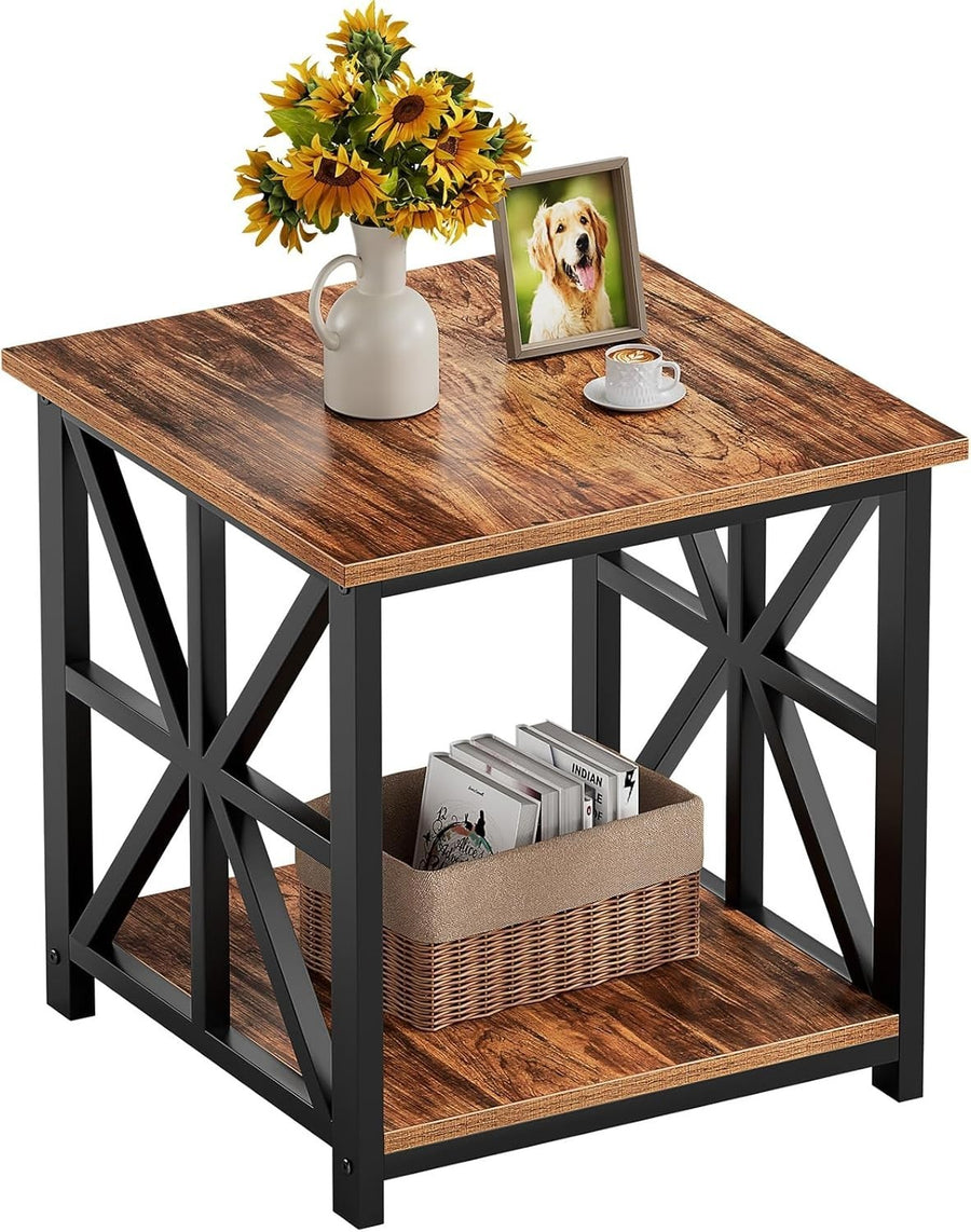 Walnut 2-Tier Square Side Table 60x60x60 cm | Large End Table w/ Storage