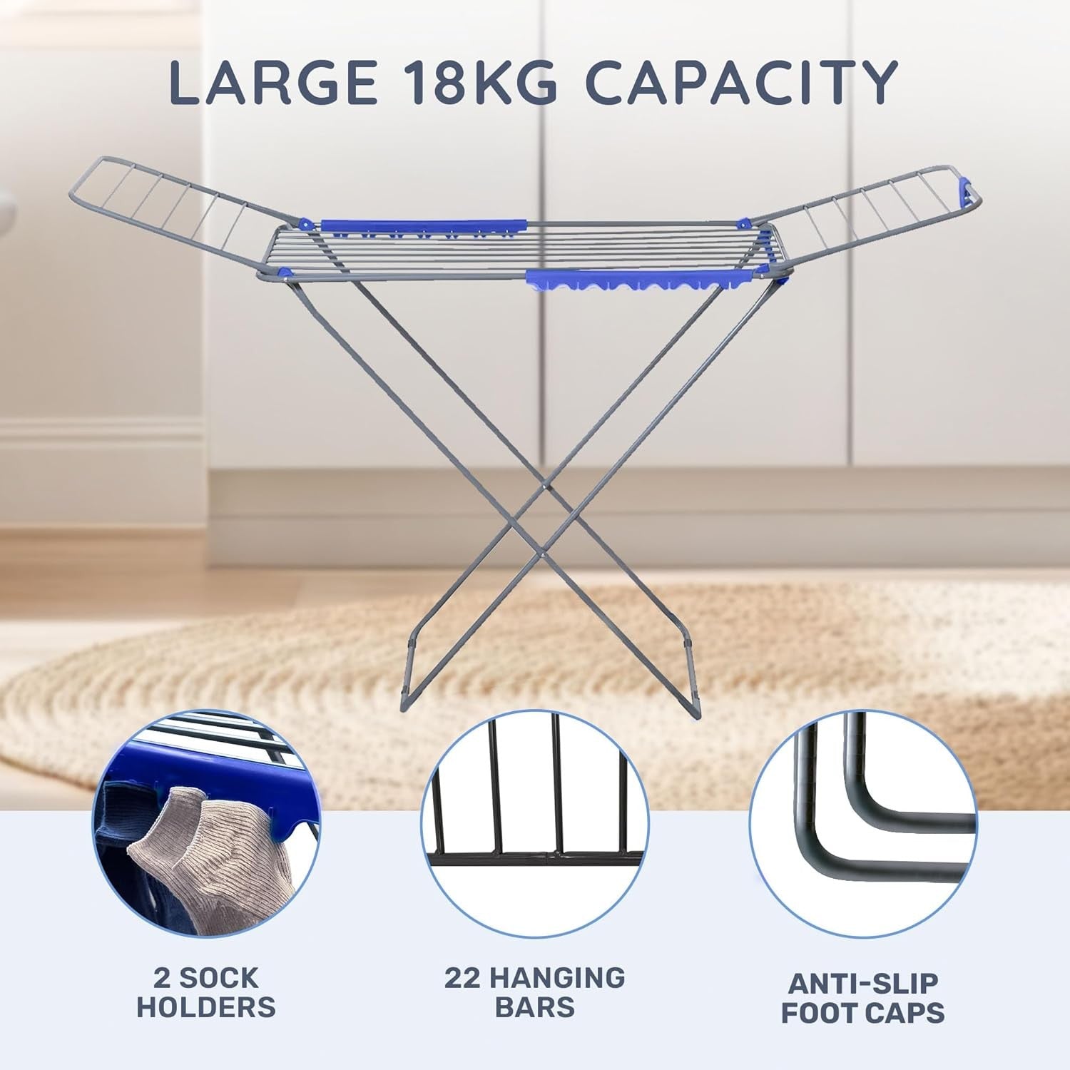 Premium Foldable Clothes Airer with Wings 22 Bars Stainless Steel Drying Rack