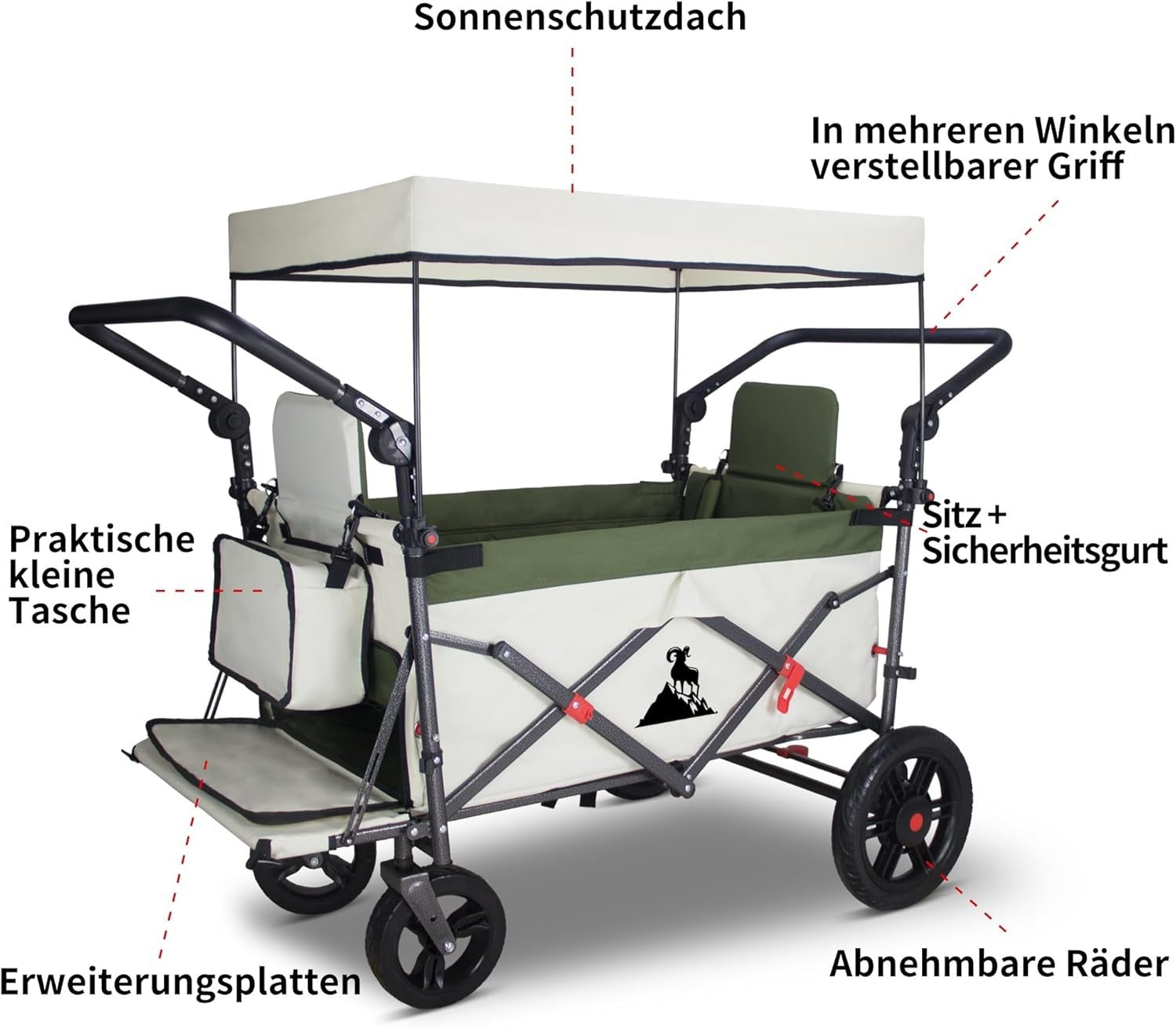 Green/Beige Folding Wagon w/ Roof Brakes 120kg Heavy Duty Cart PU Tyres & Seats