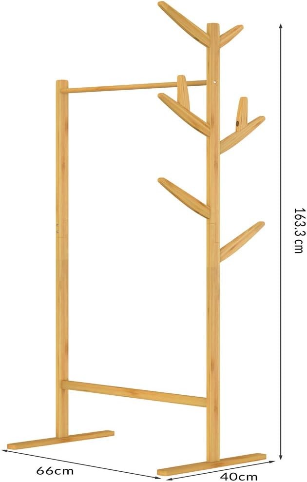 2-in-1 Wooden Bamboo Coat Rack Stand 8 Hooks Freestanding Hallway Hanger