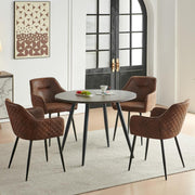 Round Walnut Dining Table & 4 Brown Faux Suede Chairs – Compact 2–4 Seater