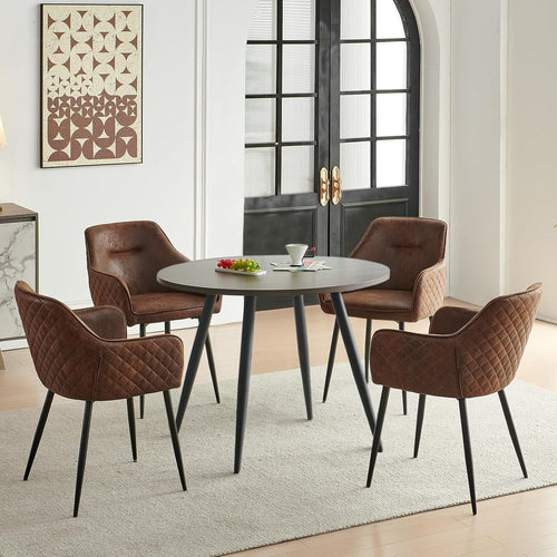 Round Walnut Dining Table & 4 Brown Faux Suede Chairs – Compact 2–4 Seater
