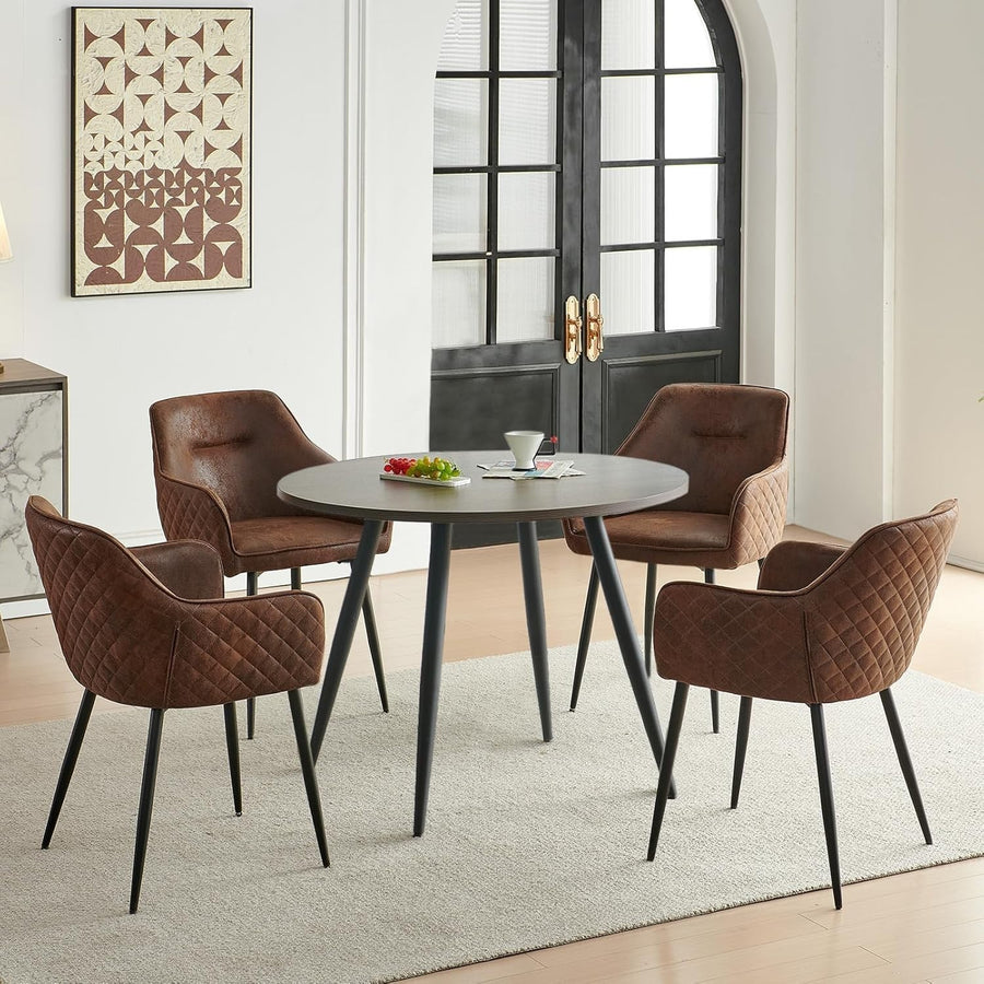 Round Walnut Dining Table & 4 Brown Faux Suede Chairs – Compact 2–4 Seater