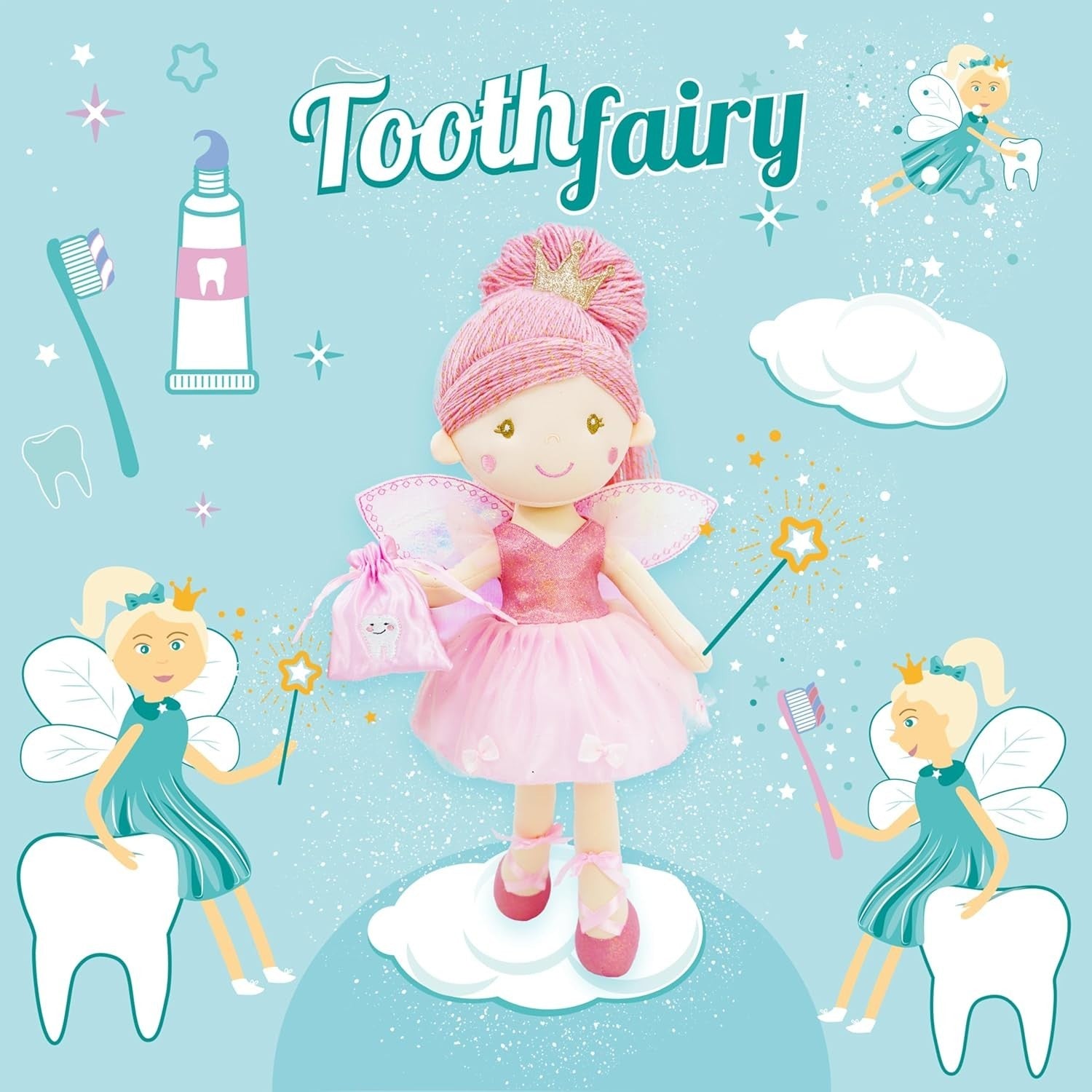 Tooth Fairy Doll 40cm Plush Soft Toy Pink Wings Tooth Pouch Gift
