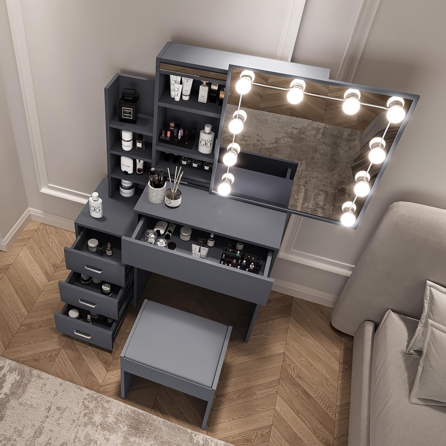 Dressing Table Vanity Desk Sliding Mirror LED Lights Drawers Storage Grey Bedroo