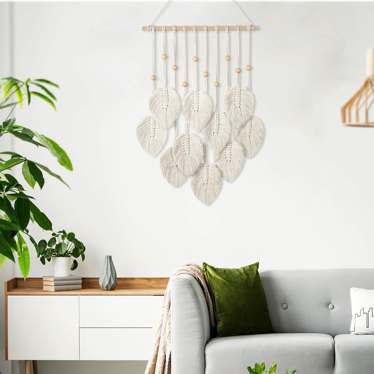 Green Boho Macrame Wall Hanging Handmade Leaves Tapestry 15.8x26.8"