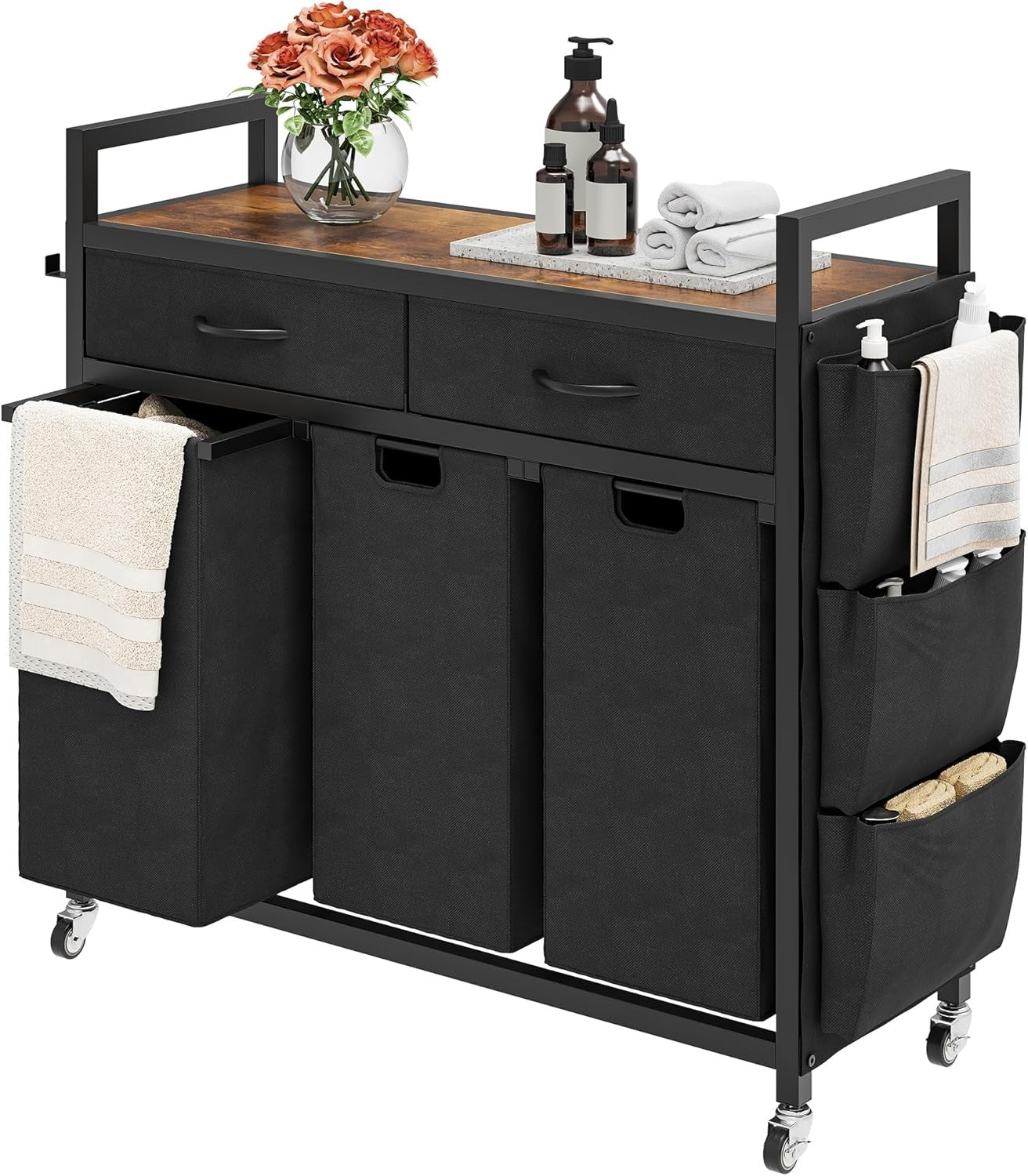 4-Compartment Laundry Sorter on Wheels with Shelf & 2 Drawers | 3 Removable Bags