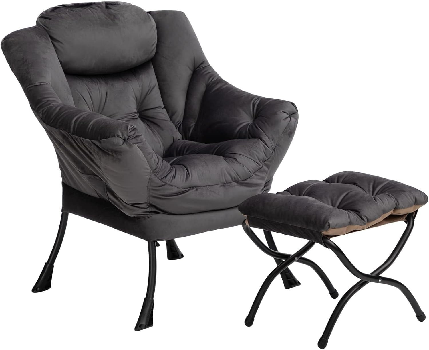 Dark Grey Velvet Armchair with Footstool Living Room Lounge Relax Seat
